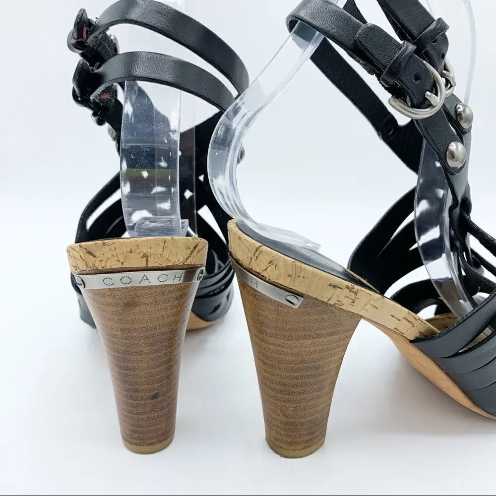 Coach · Black Leather Strappy Adrienne Block‎ Heels · Sz 8.5